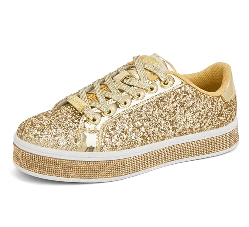 LUCKY STEP Damen-Plateau-Glitzer-Sneaker | Funkelnde Bling Shiny Dressy Bedazzled Hochzeits-Walking Schuhe (Gold, 8.5US-39EU-6UK)