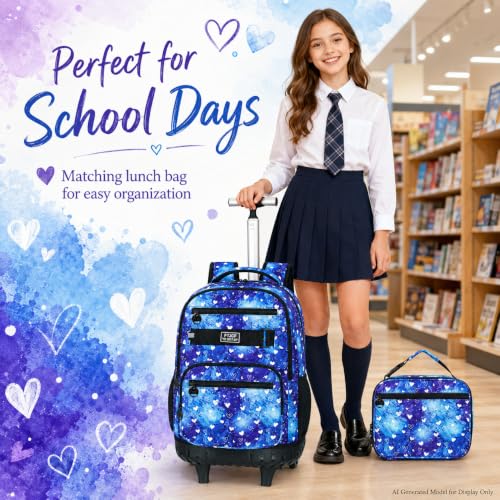 Image of 3Pcs Rolling Backpack for Girls, 19 Inche Women Roller Bag with Wheels for Adults, Wheeled Bookbag with Lunch Box(Blue)