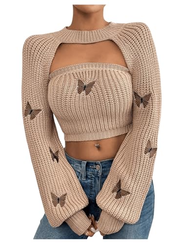 Image of SOLY HUX Sweaters for Women Butterfly Embroidery Tube Knit Tops and Cropped Shrug Sweater Apricot Butterfly Medium