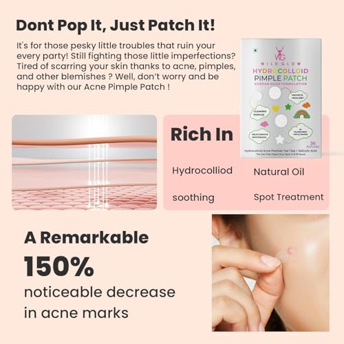 Image of WILDGLOW Korean Hydrocolloid Overnight Acne Pimple Patch | Heal Pimples, Absorbs Pus-Oil, Reduces Redness | Enriched with 2% Salicylic Acid, Tea Tree Oil & Glycolic Acid | All Skin Types | 36 Patches