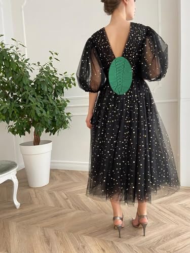 Puffy Sleeve Tea Length Prom Dresses Long Ball Gown 2023 V Neck Sparkle Starry Tulle Red Formal Evening Gowns2