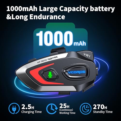 Casco Moto Auricolare,VR1 Casco Moto Bluetooth Auricolare per Singola,IPX6 Impermeabile Cancellazione del Rumore,Auricolare da moto Bluetooth per Vivavoce AI Voice Control,Controllo Musica (Hard Mic) - 3