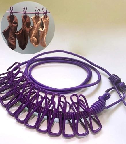 Image of JEBISON Cloth Drying Rope with Hook Cloth Hanging Rope with Clips 12 Pcs 1.8 Meter Stretchable Durable Clothesline for Travel- (Pack of(3))