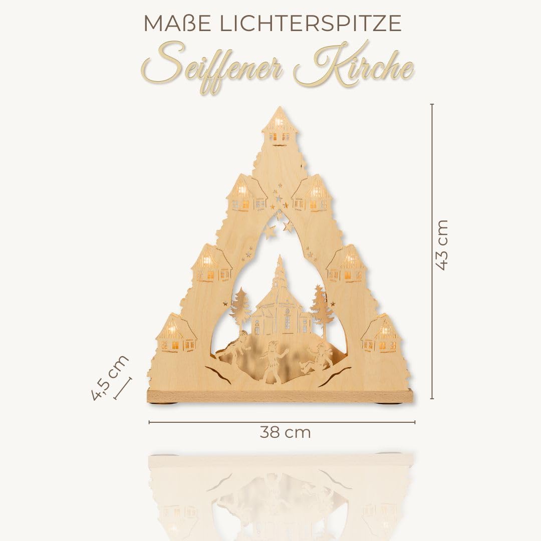 WEIGLA - Lichterspitze original Erzgebirge I Motiv Seiffener Kirche I LED Lichterbogen Weihnachten I 7 Lampenkerzen + 1 Ersatzlampe I 7 x 34 V, 0,2 W, E10 I beleuchtete Weihnachtsdeko innen I aus Holz