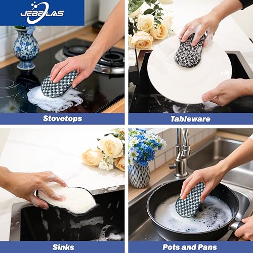 Image of JEBBLAS Dual-Sided Sponges Kitchen,Multi-Purpose Sponges,Microfiber Sponges,Reusable Dish Sponge for Dishes, Pots and Pans, 6 Pack, Black