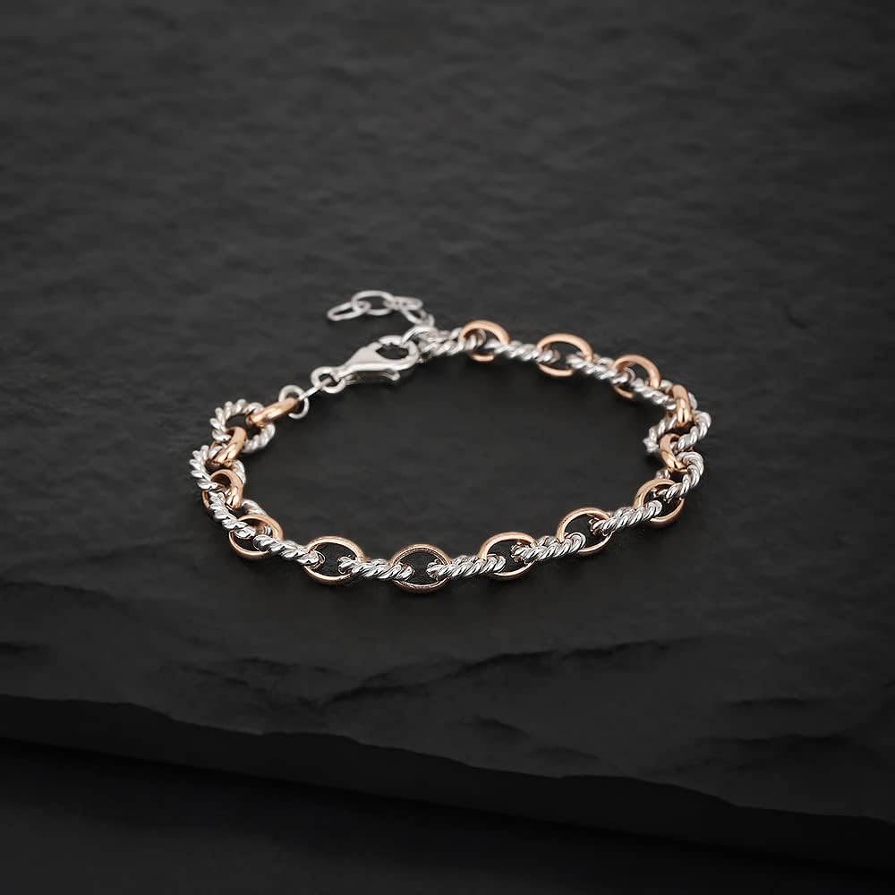 Vanbelle Sterling Silver Jewelry - Silver and Rose Gold Plated with 925 Stamp - Twisted Wire Link Chain Bracelet - Elegant Handcrafted for Women - 6.5" long + 1" extender - Image 6