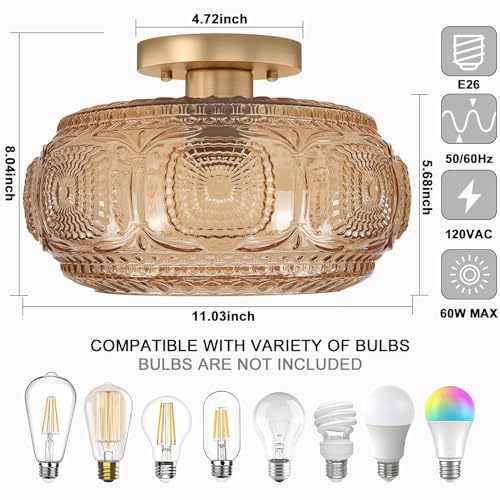 Image of 11 inch Mid Century Glass Semi Flush Mount Ceiling Light Fixture Amber