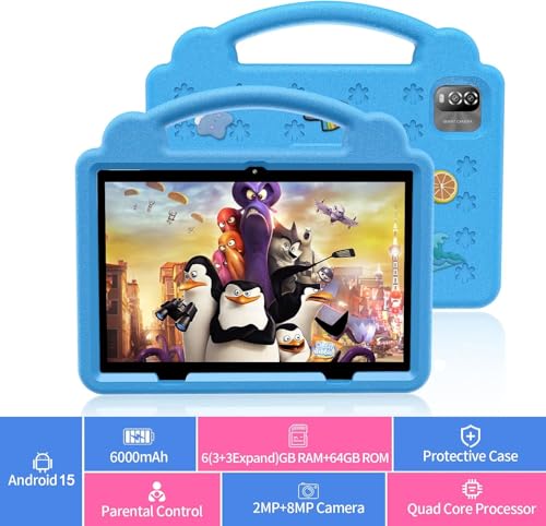 Image of 10 Inch Kids Tablet with Case, Android 15 Tablets for Age 3-12, 64GB Educational Pad,Parental Control, 5G WIFI6, Dual Camera, 6000mAh, Bluetooth (Blue)
