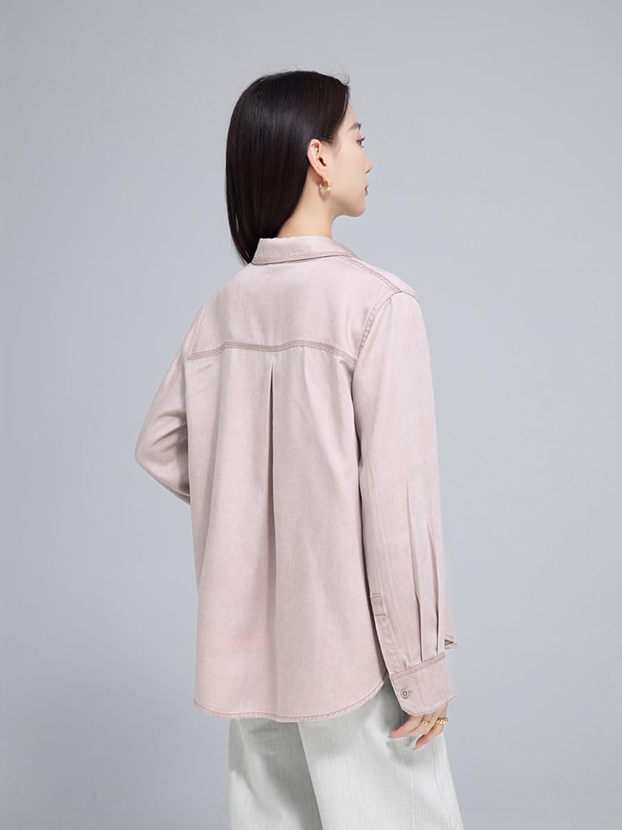 Camisa Vaquera Suave Y Ligera para Mujer, Blusa Vintage Rosa De Manga Larga con Solapa, Botones Y Bolsillos En El Pecho, Camisetas De Algodón, Chaquetas Informales Holgadas