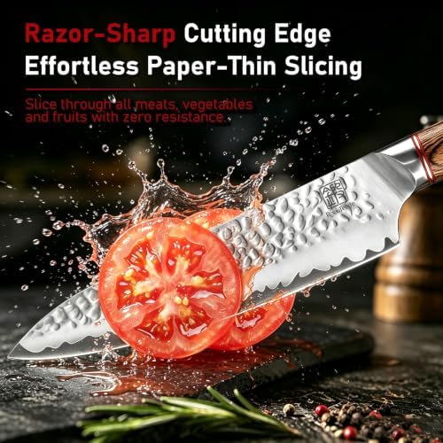 8 Inch Chef Knife, Stainless Steel Kitchen Knife with Hammered Finish, Razor Sharp Hand Forged Gyuto Japanese Knife with Wood Handle, Professional Cooking Knives with Gift Box for Meat & Vegetables - 1