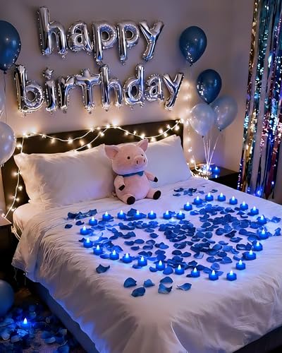 Image of Amagic 2000 Pieces Blue Artificial Rose Petals with 24 Blue Heart LED Tea Lights, Rose Petals and Candles Set for Proposal, Anniversary, Romantic Night, Wedding Decor