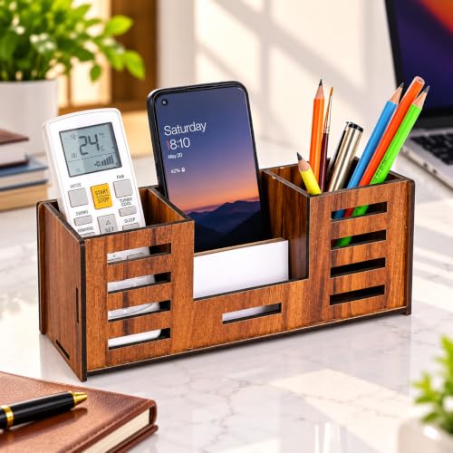 Image of Deskart Wooden Desk Organizer with Mobile Stand, Pen Holder & Remote Holder | Multipurpose Office Table Organizer for Stationery, Smartphone, AC Remote & Accessories | Desktop Storage Stand