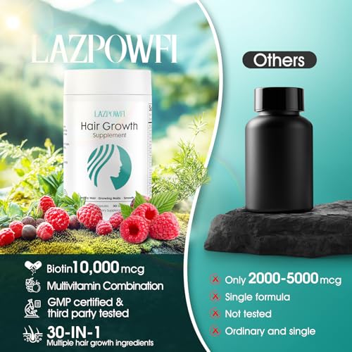 Lazpowfi Hair Growth Products, Biotin 10000mcg, 30-in-1 with Vitamin A, B3, C, D, E, Calcium, Hair Growth Supplement, Supports Hair & Nails Natural Growth Vitamins, for Women & Men - 30 Servings
