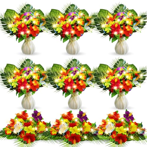 Hotop 36 Pcs Light up Hawaiian Flower Centerpieces for Tables Artificial Hibiscus Bouquet with Palm Leaves Tropical Flowers for Hawaiian Party Centerpieces Wedding Birthday Supplies