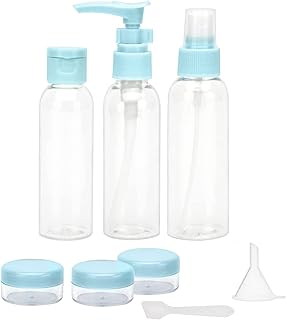 مجموعة زجاجات سفر لمستحضرات التجميل عبوات مستحضرات تجميل فارغة S قابلة لاعادة الملء بحجم 50 مل مع مضخة - بخاخ - اوعية عينات قمع معلقة سباتولا شفاطة شنطة بسوستة ازرق 9 قطع أزرق بلاستيك