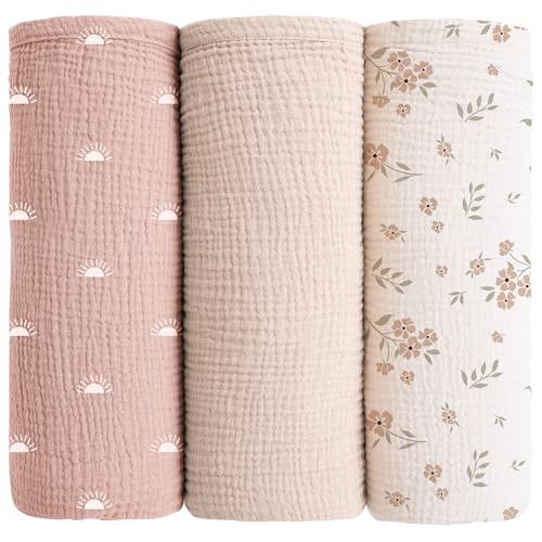 Konssy Muslin Swaddle Blankets for Baby Girls Boys, 3 Pack Receiving Blanket Large 47 x 47 inches, Soft Breathable Muslin Baby Blanket for Unisex Newborn (Peach Blossom Sun)