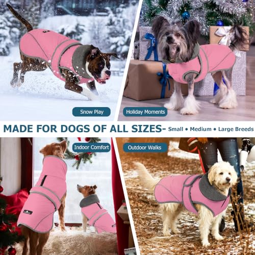 Image of Dogcheer Dog Coat, Waterproof Dog Jacket Reflective Pet Winter Coat with Adjustable Hook & Loop, Christmas Puppy Fleece Jacket Warm Turtleneck Snowsuit for Small Medium Large Dogs - Dusty Pink, S