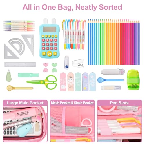 Image of Cute Kids Pencil Case - Girls Pen Pouch Large School Organizer | Pen Bag & Smooth Zipper, Multi-Slot Storage, Mesh Pocket, 900D Water Resistent, Giftable School Supplies, Pink Unicorn