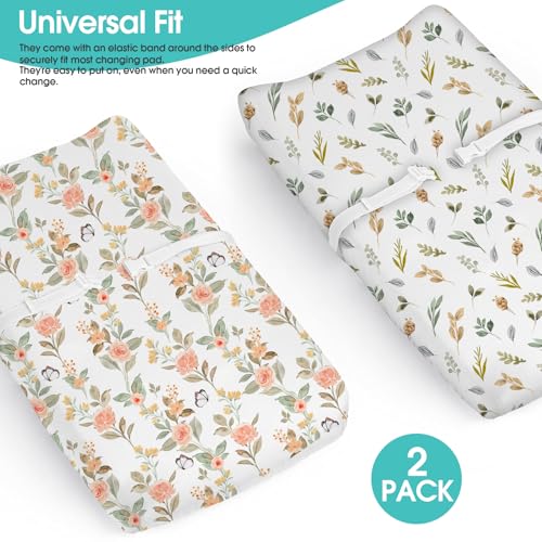 Image of BROLEX Changing Pad Covers for Baby: Boy Girls Ultra Stretchy Soft 2 Pack, Rose Foliage