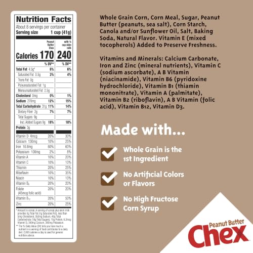 Image of Peanut Butter Chex Cereal, Gluten Free Breakfast Cereal, Made with Whole Grain, 12.2 oz