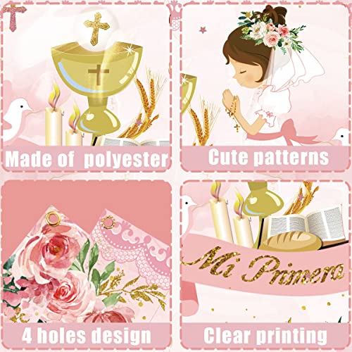First Communion Decorations First Communion Backdrop Baptism God Bless Banner Pink Floral Mi Primeria Communion Photo Backdrop for Girls Christening Baby Shower Confirmation Decorations by Gupesxu - Used condition - Image 4