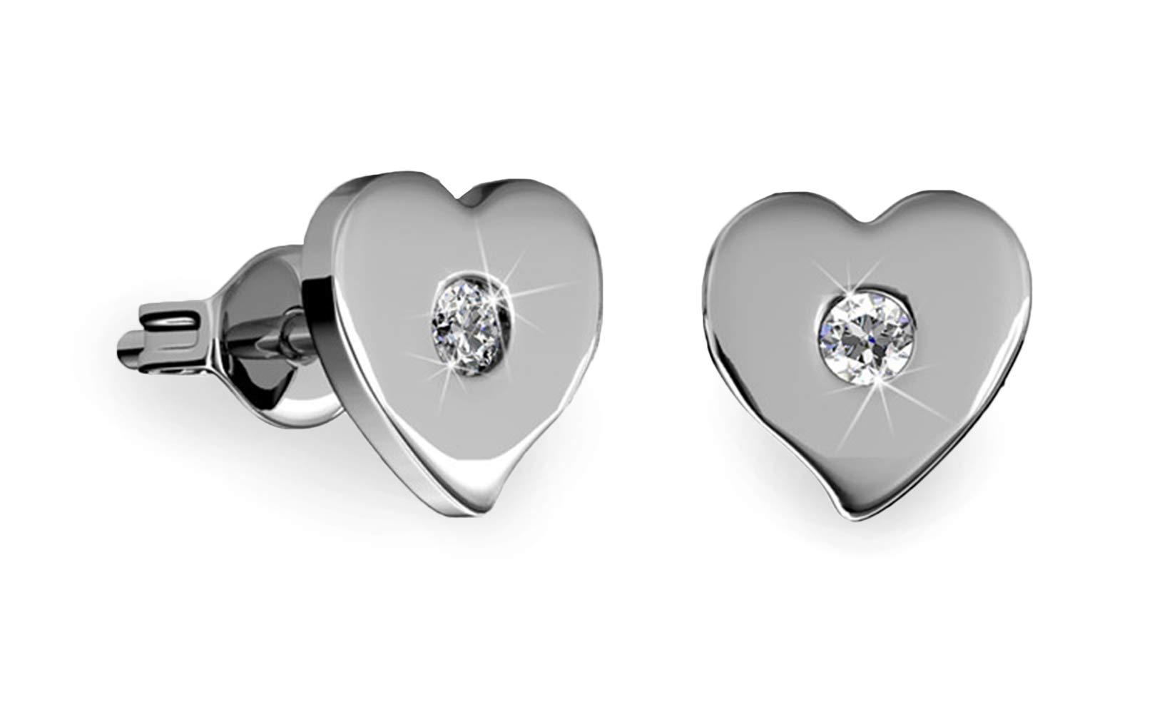 Jade MarieDevotion Small Silver Heart Shaped Stud Earrings, 18k White Gold Plated Earrings with 5mm Swarovski Crystals, Tiny Solitaire Silver Stud Earring Set for Women