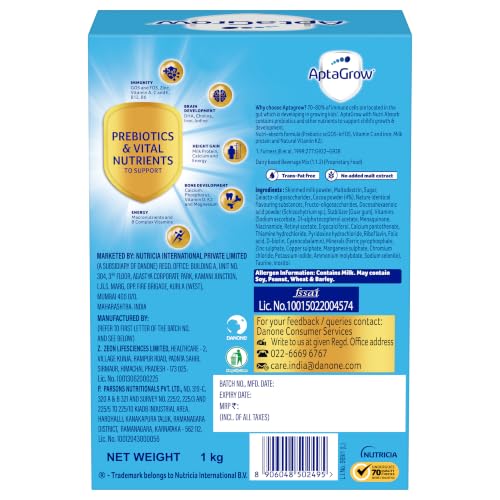 Image of AptaGrow Chocolate Flavoured Nutritious Milk Drink for Children 3-6 Years|with Prebiotics & 11 Immuno-Nutrients|Supports Immunity, Brain Development, Height Gain, Bone Development & Energy |1kg BIB
