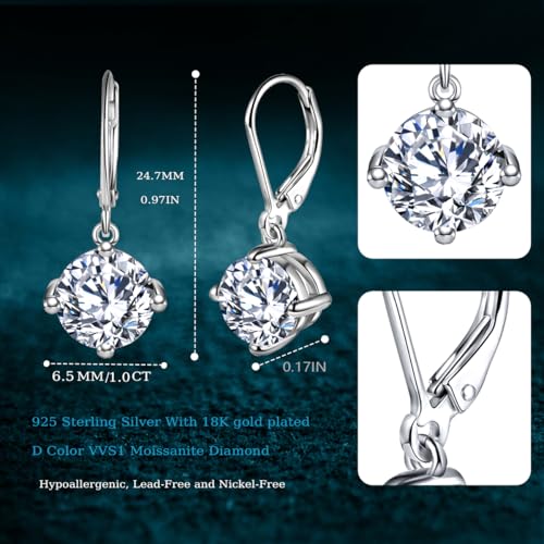 Moissanite Drop Earrings,1.0ct-2.0ct D Color VVS1 Round Cut Lab Created Diamond 925 Sterling Silver 18K White Gold Dangle Earrings For Women Moissanite Leverback Earrings2