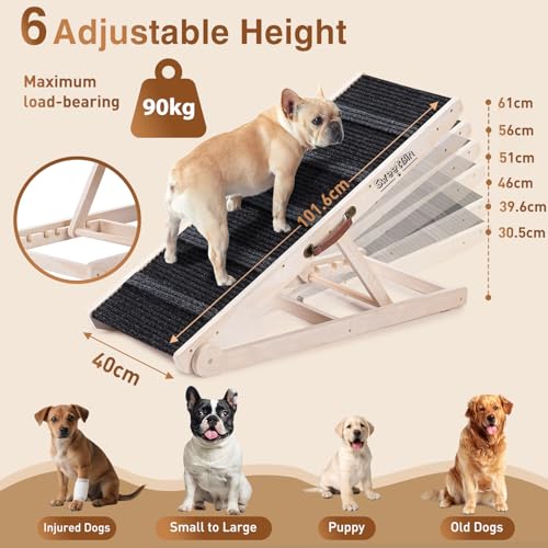 Hundehilz fürs Bett - Faltbar, von klein bis groß für Couch - 6 einstellbare Höhen von 30,5 bis 61cm - Stufen mit rutschfester Matte-Holzportabler Hundehilz zum Aufstieg auf Bett, Couch, Auto bis 90kg