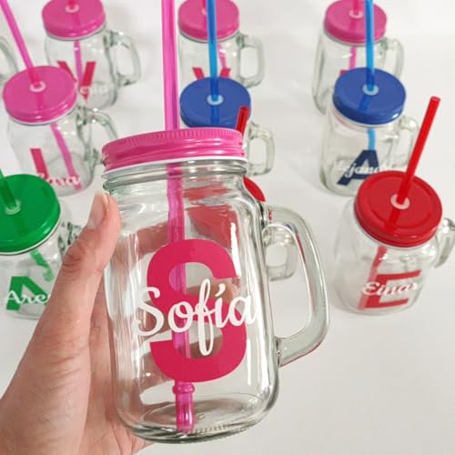 JARRAS DE CRISTAL CON TAPA Y PAJITA PERSONALIZADAS - Pack 10 Unidades - Detalles para Boda, Bautizo, Comunión y Otros Eventos. Regalos para Invitados, publicitarios, Empresas. REGALOS TPMAS