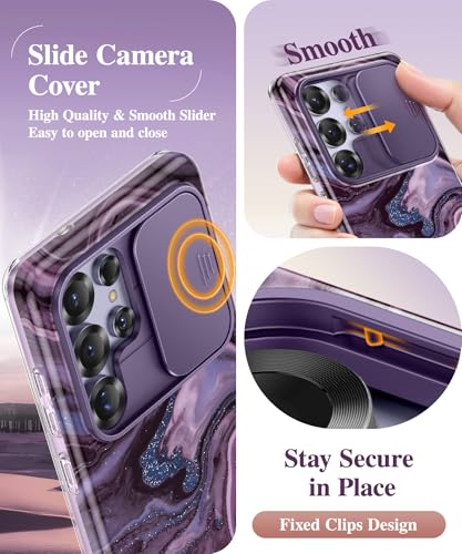 Image of GVIEWIN for Samsung Galaxy S25 Ultra Case, [Slide Camera Cover & Built-in HD Screen Protector] [2 Front Frames] Shockproof Military Grade Protective Marble Phone Case for S25 Ultra 6.9 inch (Quicksand)