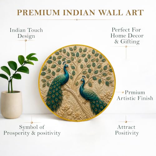 Image of PAINTINGMANTRA Peacock Pair Vastu Framed Wall Art Painting For Living Room| Elegant Peacock Poster with Round Frame for Wall, Decoration item for bedroom & Home, 12 Inch