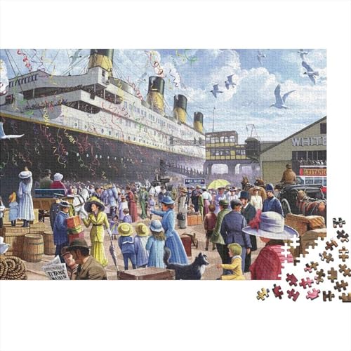 Gran Barco Histórico Muelle Escena Vintage Multitud Puzzle de 1000 Piezas Papel para Adultos Relajación Decoración Hogar Concentración Familia Regalo 52x38cm/1000pcs