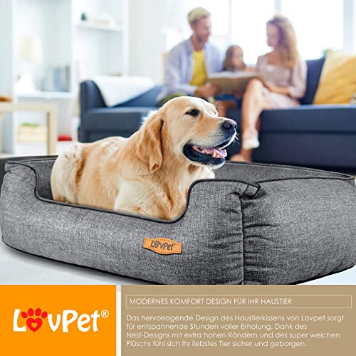 Lovpet® Hundebett Hundekissen Hundekorb Chiller, Inkl. Napf + 3X Kauknochen, Hundesofa Kissen für Kleine, Mittelgroße & Große Hunde, Bezug abnehmbar und waschbar, L 90 x 75 x 25 cm Grau