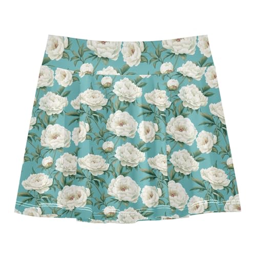 Art Peonies Girl Athletic Skort with Built in Shorts Kids Pleated Skort with Pockets Flowy Little Girl Skorts Turquoise