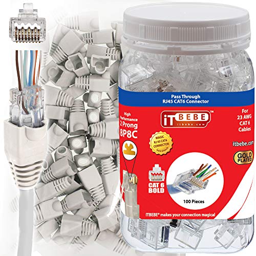 ITBEBE 100 Sets RJ45 Cat6 Pass Through connectors and White Strain Relief Boots for Solid or Stranded Wire. 8P8C UTP Passthrough cat 6 Network Insert ethernet Plug for Unshielded 23 AWG Cables