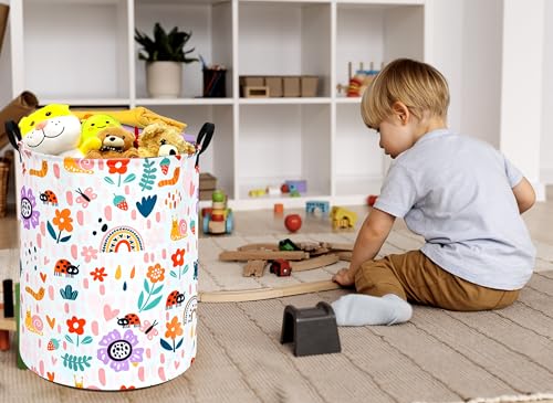 Image of Round Ladybug Pattern Laundry Hamper Storage Basket Fabric Material Storage Hamper Organization Basket, Storage Bin, Gift Box with Handles for Room