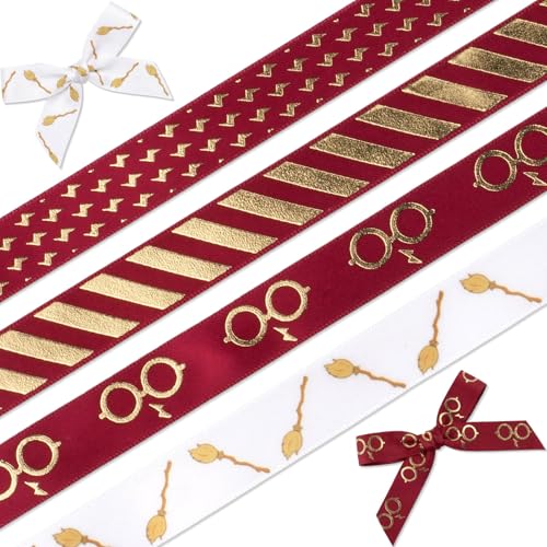Kutyndrix Magic School Ribbon Set 5/8 Inch Maroon & Gold Foil Satin for Gift Wrapping 16 Yards Wizard Theme Decorative Trim for Wreaths Hair Bows & DIY Crafts