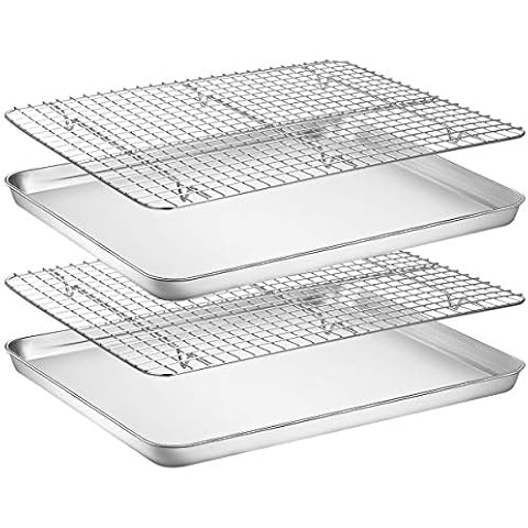 Baking Sheet with Rack Set [2 Pans + 2 Racks], Wildone Stainless Steel Cookie Sheet Baking Pan Tray with Cooling Rack, Size 16 x 12 x 1 Inch, Non Toxic & Heavy Duty & Easy Clean Cover