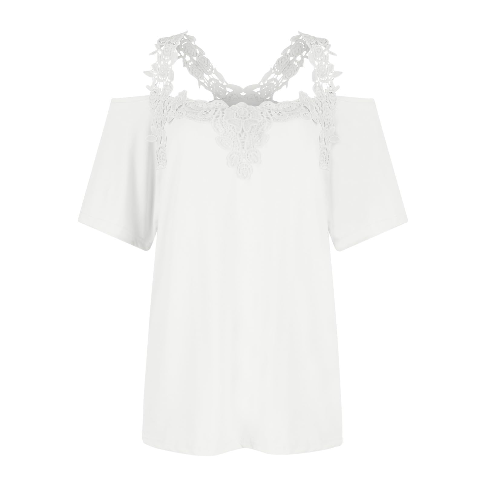Lace Crochet Cold Shoulder Tops for Women 2025 Trendy Summer Short Sleeve Tunic Shirts Casual Loose Strappy Blouse