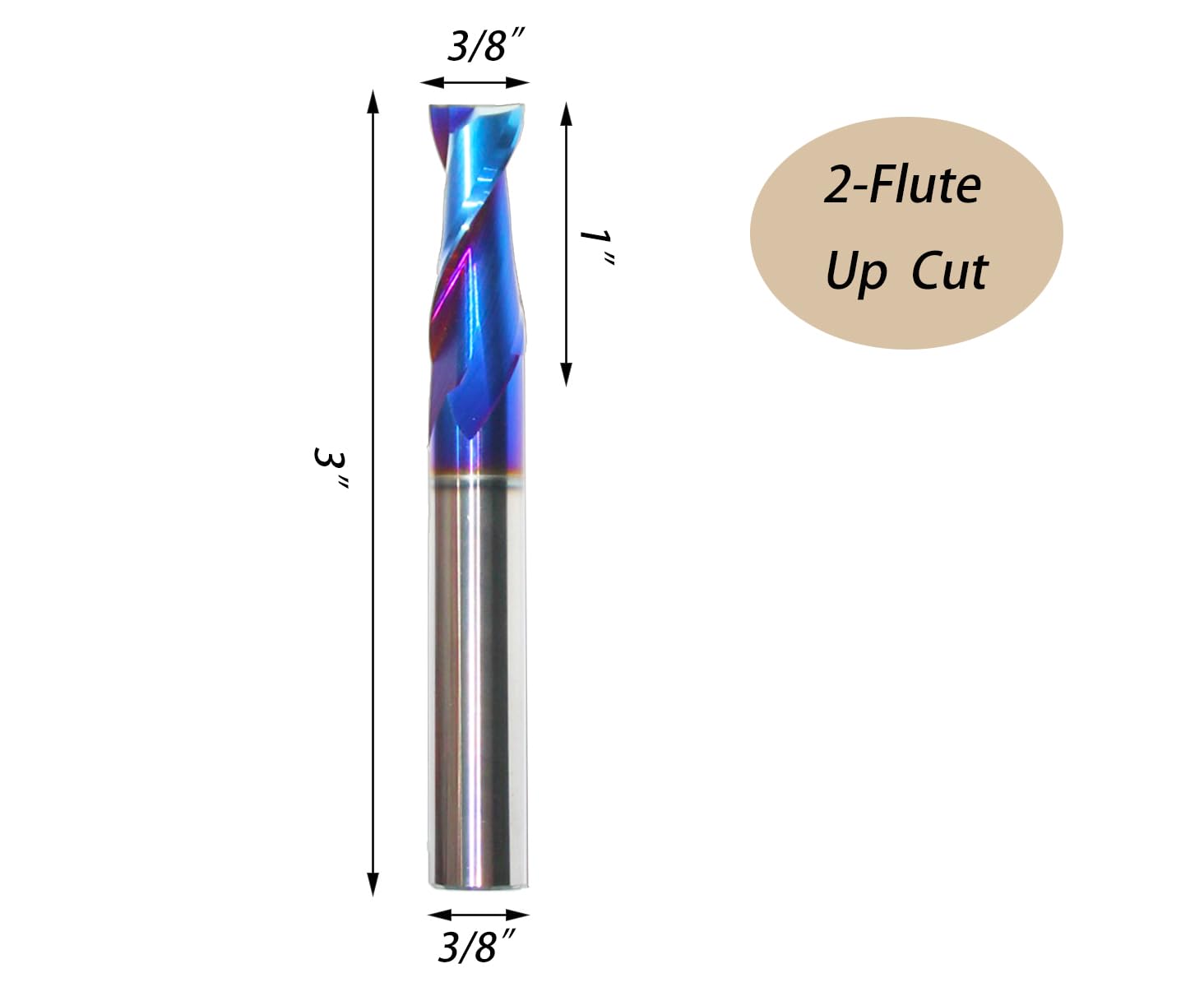 RUHIWORKER 2 Flute Spiral CNC Router Bit 3/8 Inch Shank Solid Carbide with Nano Blue Coating End Mill 3/8 Inch Shank x 3/8 Dia x 1 CL x 3 OL B332U