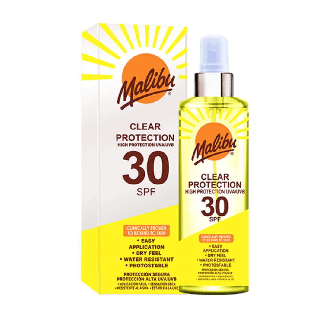 Malibu Sun SPF 30 Clear Spray Sunscreen, High Protection, Dry Feel, Water Resistant, 250ml