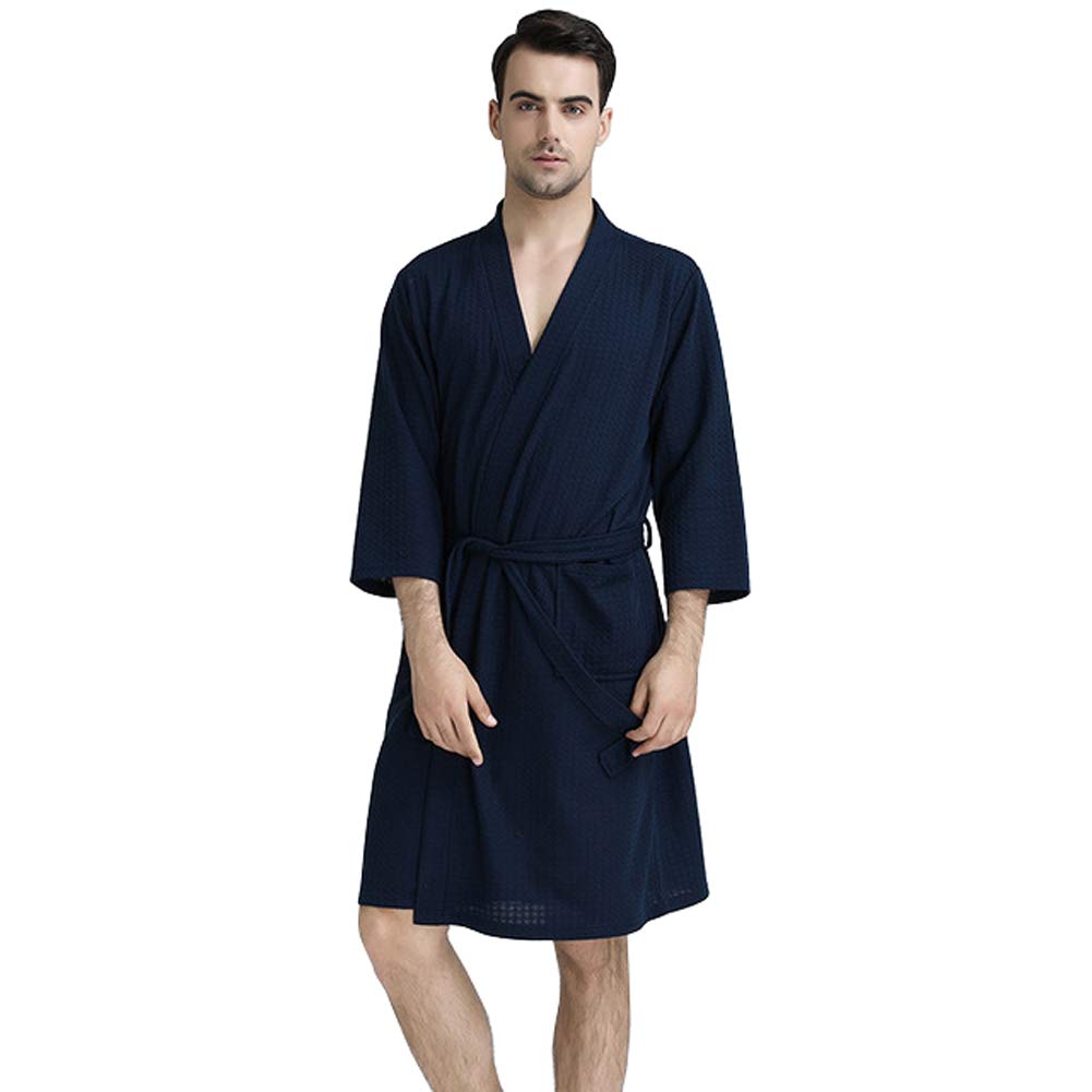 Rojeam Men's Navy Blue Kimono Waffle Robe Unisex Lightweight Soft Knee Length Spa Bathrobe Sleepwear With Pockets, L