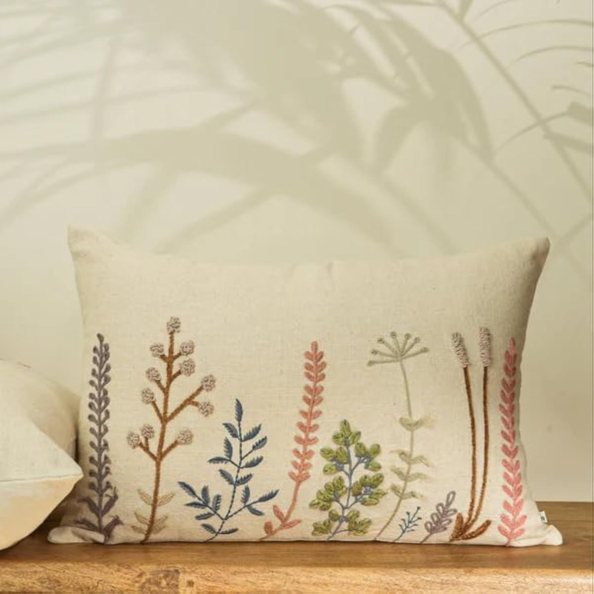 Handcrafted Embroidered Cotton Rectangular Cushion Cover - Bronze Vine