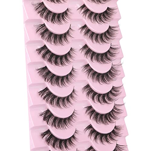 Cat Eye Lashes Natural Look False Eyelashes Angle Wing Mink Lashes Wispy Fluffy Clear Band Lashes Pack 10 Pairs 17Mm Fake Eyelashes #TOP3