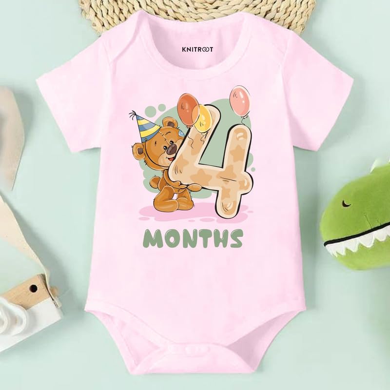 Image of Knitroot Monthly Birthday Teddy Special, Newborn Baby Half Sleeve Unisex Romper, Onesies, Sleepsuit, Body Suit, Envelope Neck, 1 to 12 Months Print, 0-12 Months, Infant Cloth for Boys & Girls