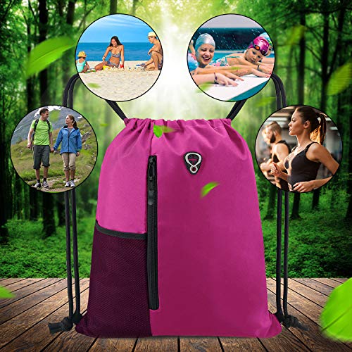 Image of BeeGreen Pink Cinch Sack Drawstring Backpack For Women With Water Bottle Pocket &Two Zippered Pocket Large Sports Gym Sackpack For Traveling Yoga Beach Outdoor