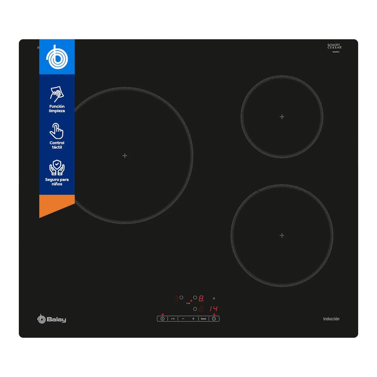 Balay - Placa de Inducción, 3 Fuegos, 60 cm de ancho, Función Sprint, Control táctil y Programable, Función Seguridad, Negro, 3EB864FR