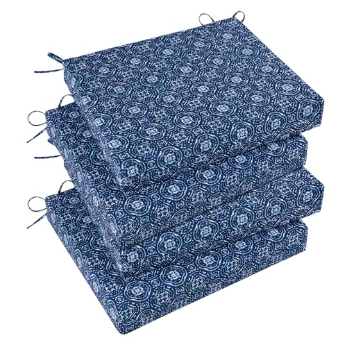 Image of Basic Beyond Outdoor Chair Cushions Set of 4, Square Corner Outdoor Cushions for Patio Furniture, Water Resistant Patio Chair Cushions with 2 Ties, 18.5x16x3, Blue Circles