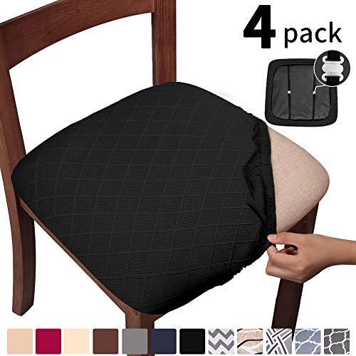 Gute Chair Seat Covers, Dining Room Chair Seat Covers with Ties, Stretch Jacquard Chair Covers Protectors for Dining Room Kitchen Chairs - Set of 4, Rhombic, Black